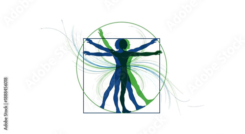 Tableau sur toile Vitruvian Man Style Human Figure with Green and Blue Swirls and Geometric Shapes