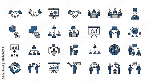 Diverse Business Teamwork and Strategy Vector Icons for Modern Corporate Concepts
