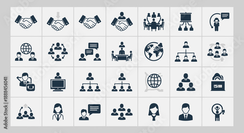 Diverse Business Teamwork and Collaboration Icons for Corporate Concepts