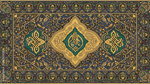 Intricate floral pattern with Arabic calligraphy on blue background