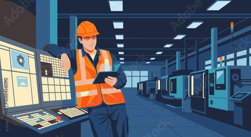A skilled male engineer in a safety vest and hard hat confidently operates advanced machinery, utilizing a digital tablet within a modern factory.