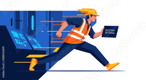 A dynamic illustration depicts a diligent industrial worker swiftly running with a tablet indicating optimal system performance and efficiency.