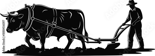 Black silhouette vector illustration of a traditional farmer wearing a hat plowing a rural field with a large bull representing manual agriculture and old-fashioned farming
