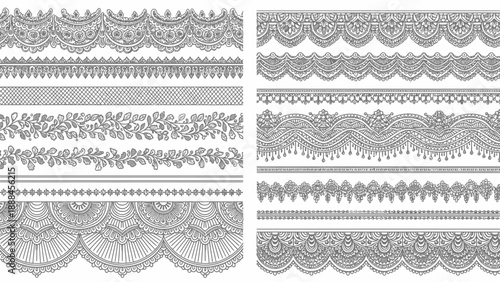 Collection of ornate black lace borders and decorative patterns on a white background