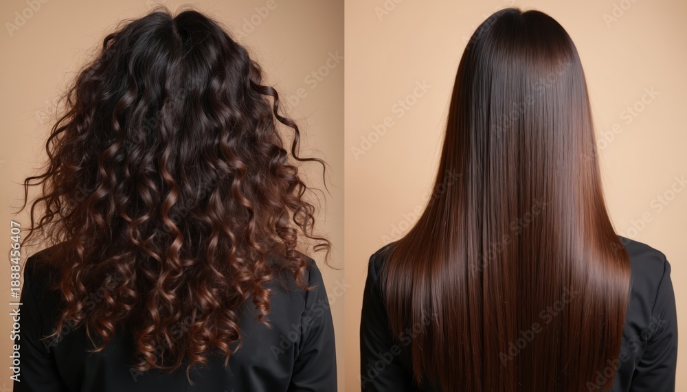 Fototapeta premium Brunette woman shows her hair before and after keratin treatment. Curly frizzy hair becomes smooth straight and shiny. Dramatic hair texture change.