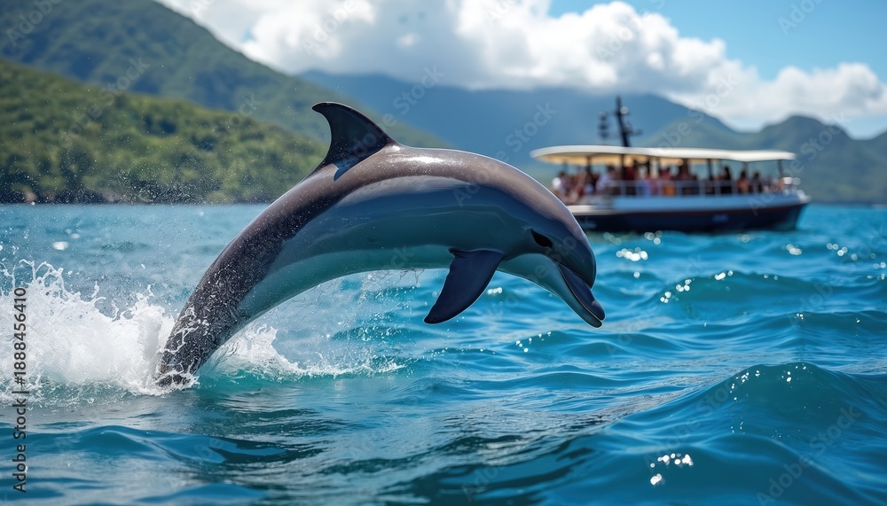 Fototapeta premium Dolphin jumps from blue ocean water near tourist boat. People watch marine mammal swimming in sea. Mountains on background, sunny day, ocean life.