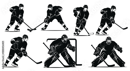 Collection of Silhouette Hockey Players and Goalie Poses in Action, Dynamic Sports Illustration