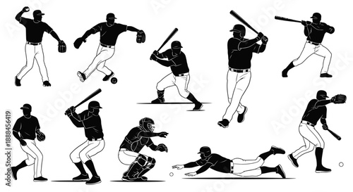 Baseball Players Silhouettes: Dynamic Actions of Pitchers, Batters, and Catchers