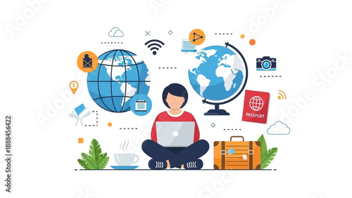 Young woman working remotely with laptop and travel accessories