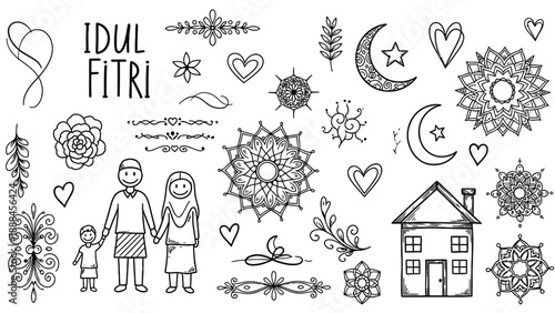 Eid al-Fitr celebration elements including family and traditional symbols.