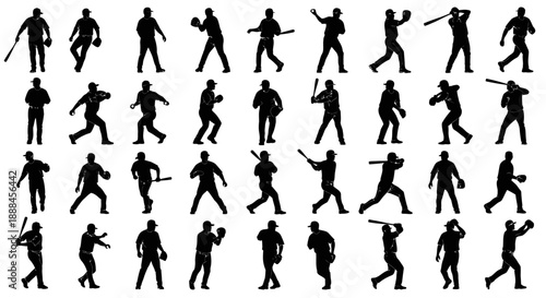 Diverse Baseball Player Silhouettes in Dynamic Poses and Action Shots