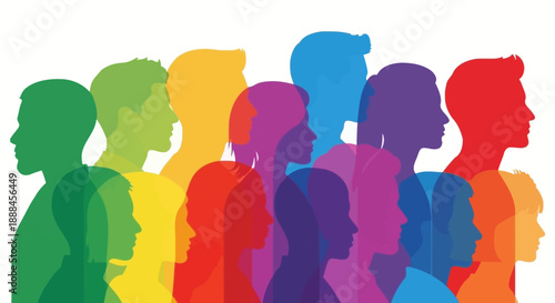 Diverse Community Abstract Silhouettes in Rainbow Colors, Unity and Connection Symbolism