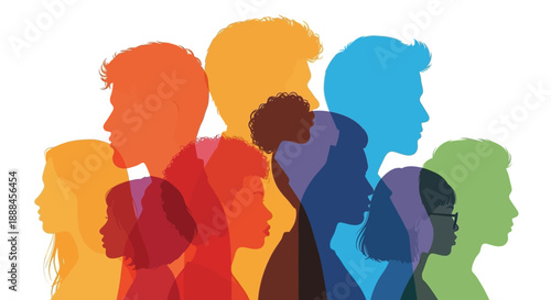 Diverse Group of People Silhouettes in Vibrant Colors Over White Background