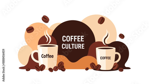 Vibrant coffee culture scene with steaming mugs and coffee beans