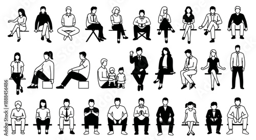 Diverse Group of People Silhouettes Sitting on White Background - Vector Illustration