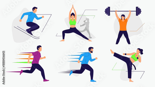 People engaging in various fitness activities with dynamic movements