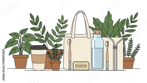 Eco friendly daily essentials in stylish tote bag with plants