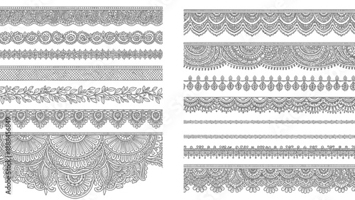 Collection of ornate vintage lace border designs in grayscale high quality