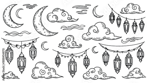 Hand drawn crescent moon and lanterns with clouds and bunting.