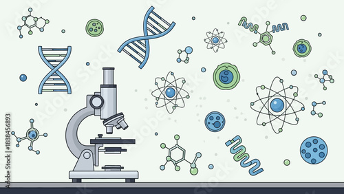 Microscope and scientific symbols for research and discovery