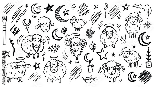 Hand drawn sheep and celestial elements in black and white.