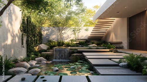Modern garden oasis with waterfall stepping stones and lush landscaping
