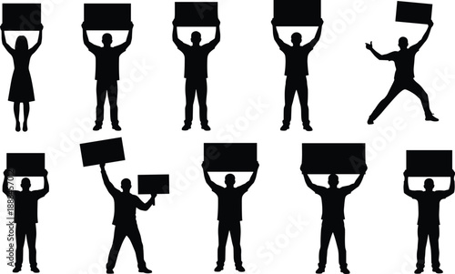 Silhouette Set of People and Protesters Holding Blank Placards and Signs for Demonstration Revolution Activism Strike and Public Message Communication Concepts