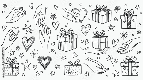Hand drawn gift boxes, hearts, and stars collection.