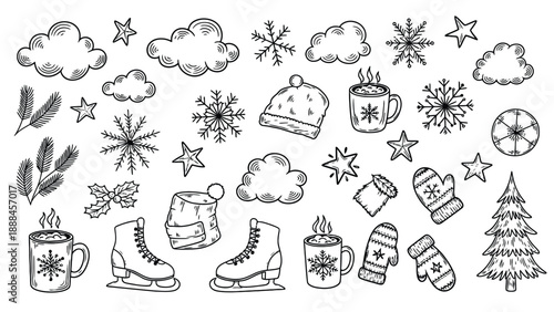 Winter themed doodle elements including snowflakes, ice skates, and festive icons.