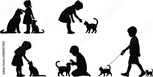 Black Silhouette Vector Illustrations Set of Children Interacting Playing Walking and Bonding with Cats and Kittens Isolated on a Clean White Background