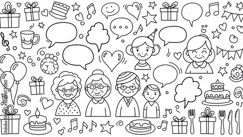 Black and white illustration of elderly people and birthday celebration elements.