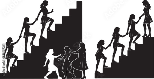 Silhouette of people helping each other up the stairs