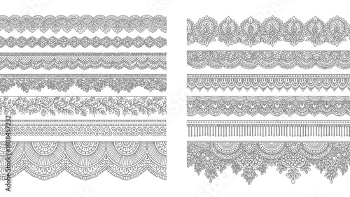 Collection of ornate vintage style lace borders and decorative patterns in grayscale