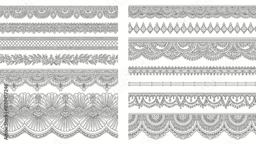 Collection of ornate black and white lace borders and decorative patterns