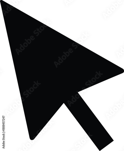 Black cursor arrow icon illustration isolated on white background, representing computer mouse pointer, user interface navigation, digital interaction, web design elements, and modern technology