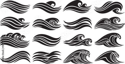 Collection of black wave icons on white background