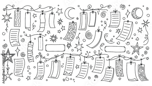 Christmas stockings and festive decorations hanging on a string.