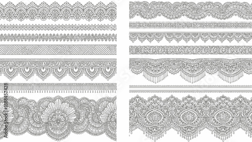 Intricate black and white lace patterns arranged in horizontal rows and columns