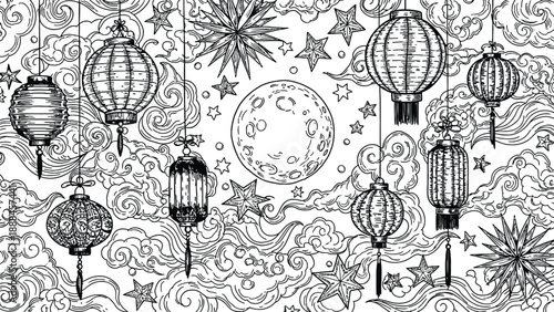 Black and white illustration of lanterns and celestial elements.