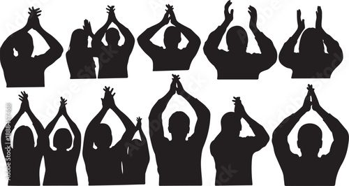 Silhouettes of people holding objects in the air together
