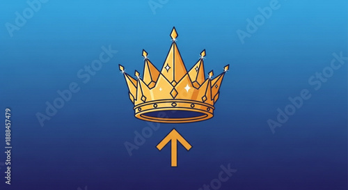 Golden crown icon with upward arrow on blue gradient background symbolizing royalty and success