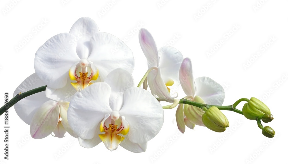 Obraz premium Close-up of delicate white moth orchids, with hints of yellow and pink, showcasing blooms and buds on a green stem