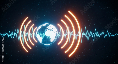 Glowing earth with radiating signal waves in space technology and global communication concept