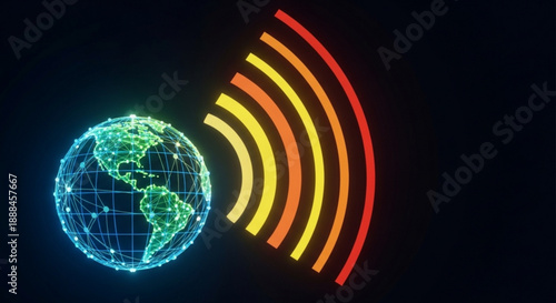 Glowing blue earth with grid lines emits signals in vibrant red orange and yellow hues against a dark background representing global communication and technology