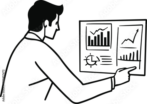 Minimalist line art of a CEO analyzing global business data on transparent screens, corporate analytics concept, monochrome vector