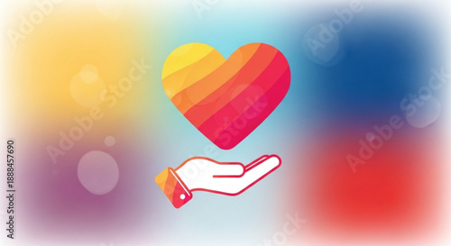 Vibrant heart symbol floats above open hand on colorful bokeh background with gradient hues