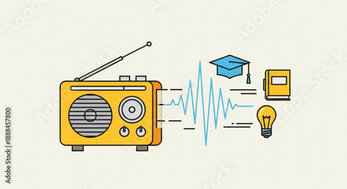 Vintage yellow radio with education icons and sound wave on beige background