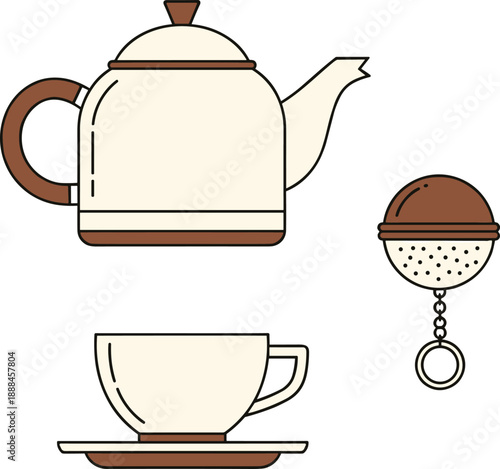 Tea brewing illustration featuring kettle, teacup with saucer and tea infuser, minimal flat design concept for hot beverage, cafe, kitchen and cozy lifestyle themes