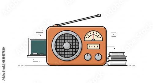 Vintage orange radio with books and computer on white background nostalgic learning tools