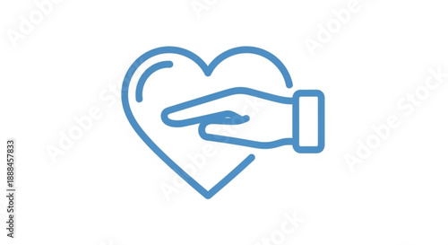Hand touching heart symbol blue line art love care compassion gesture icon
